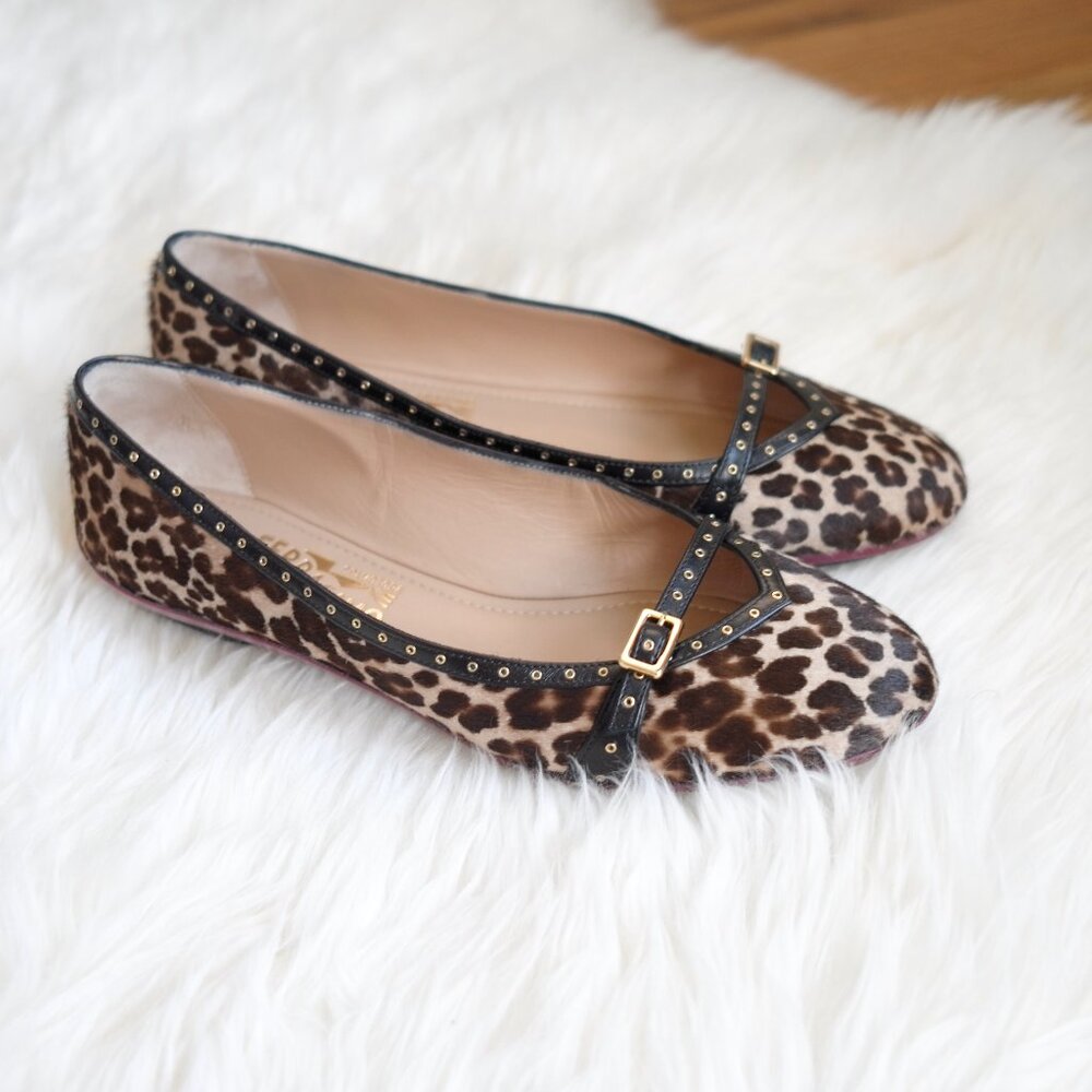 Salvatore Ferragamo Audrey Brown/Beige Leopard Buckle-Strap Slip-on Flats 5C